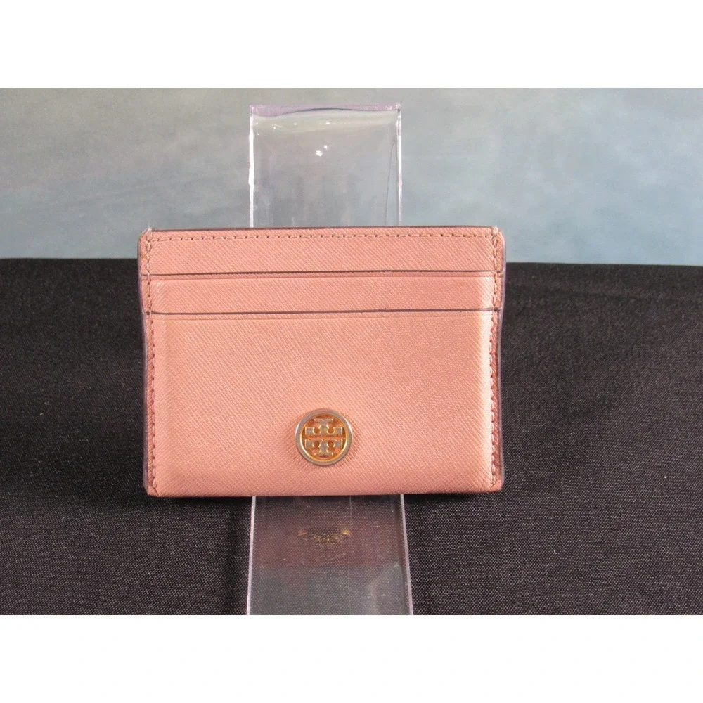 Tory Burch Robinson Saffiano Leather Card Case Wallet Pink Gold Logo